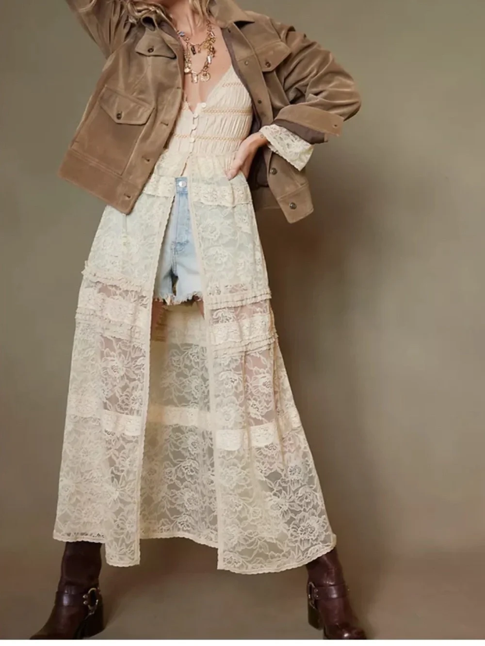 Free People Sweet Saloon Sleeveless Maxi Cream Tan Lace Bodysuit Dress Duster